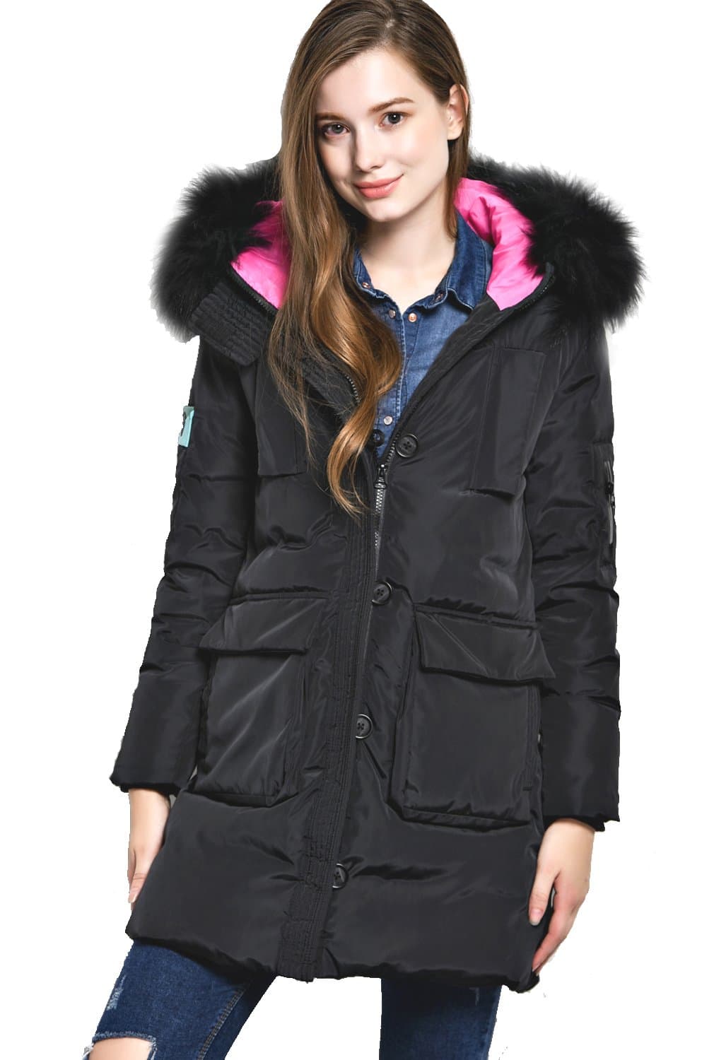 Vemure Women's Down Coat with Removable Fur Middle-long Jacket