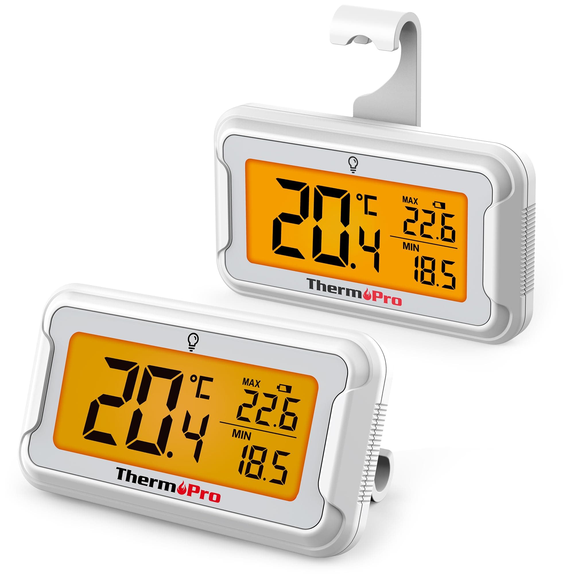 ThermoPro TP110 Fridge Thermometer with Large Backlit LCD Display, Waterproof Freezer Thermometer with Max/Min Record, Easy Battery Replacement, High Accuracy Refrigerator Monitor for Kitchen, 2Pack