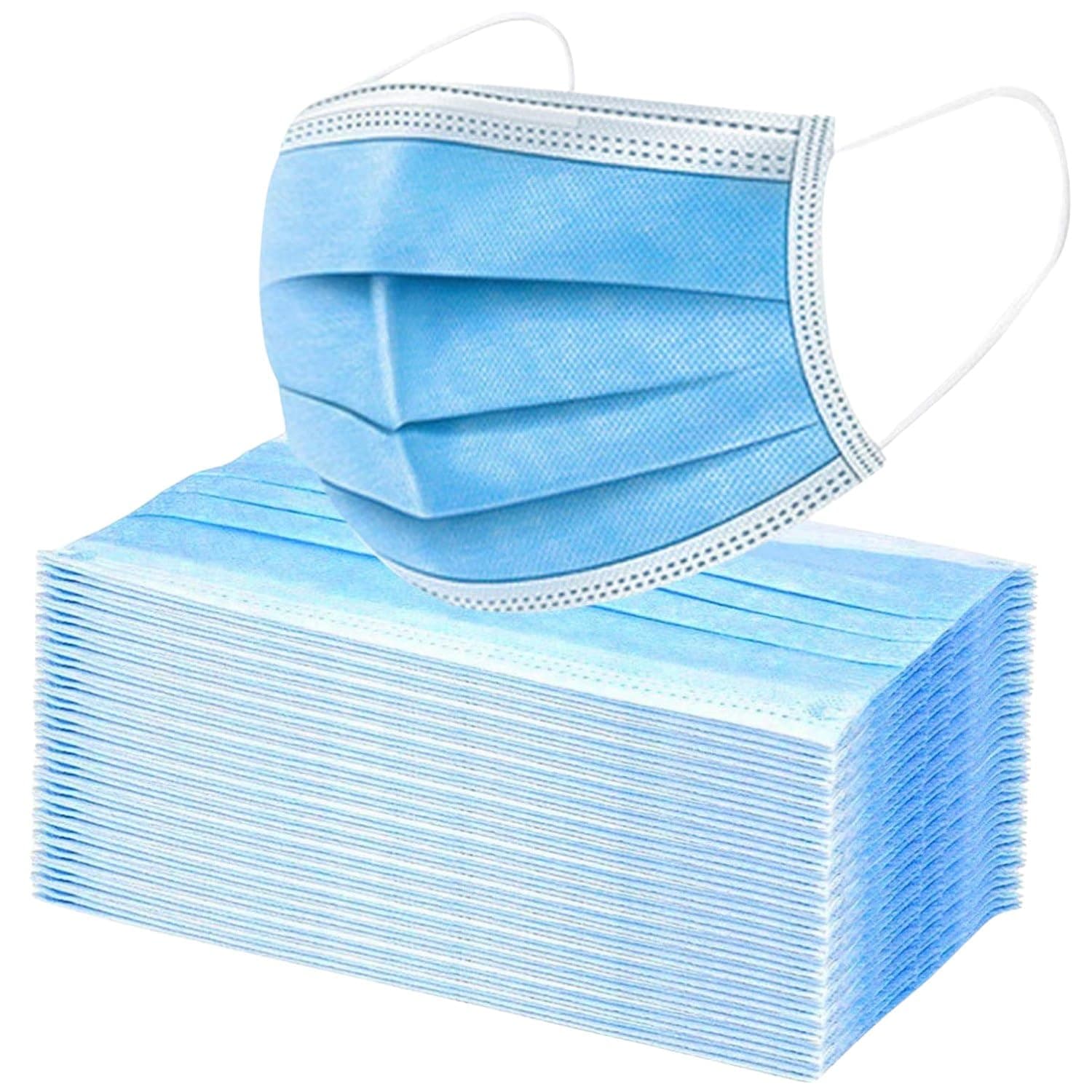 [Pack of 100] Single Use Disposable Blue Face Mask, Soft on Skin, 3-ply Masks Facial Cover with Elastic Earloops and Nose Clip Great For Home, Office, School, and Outdoors