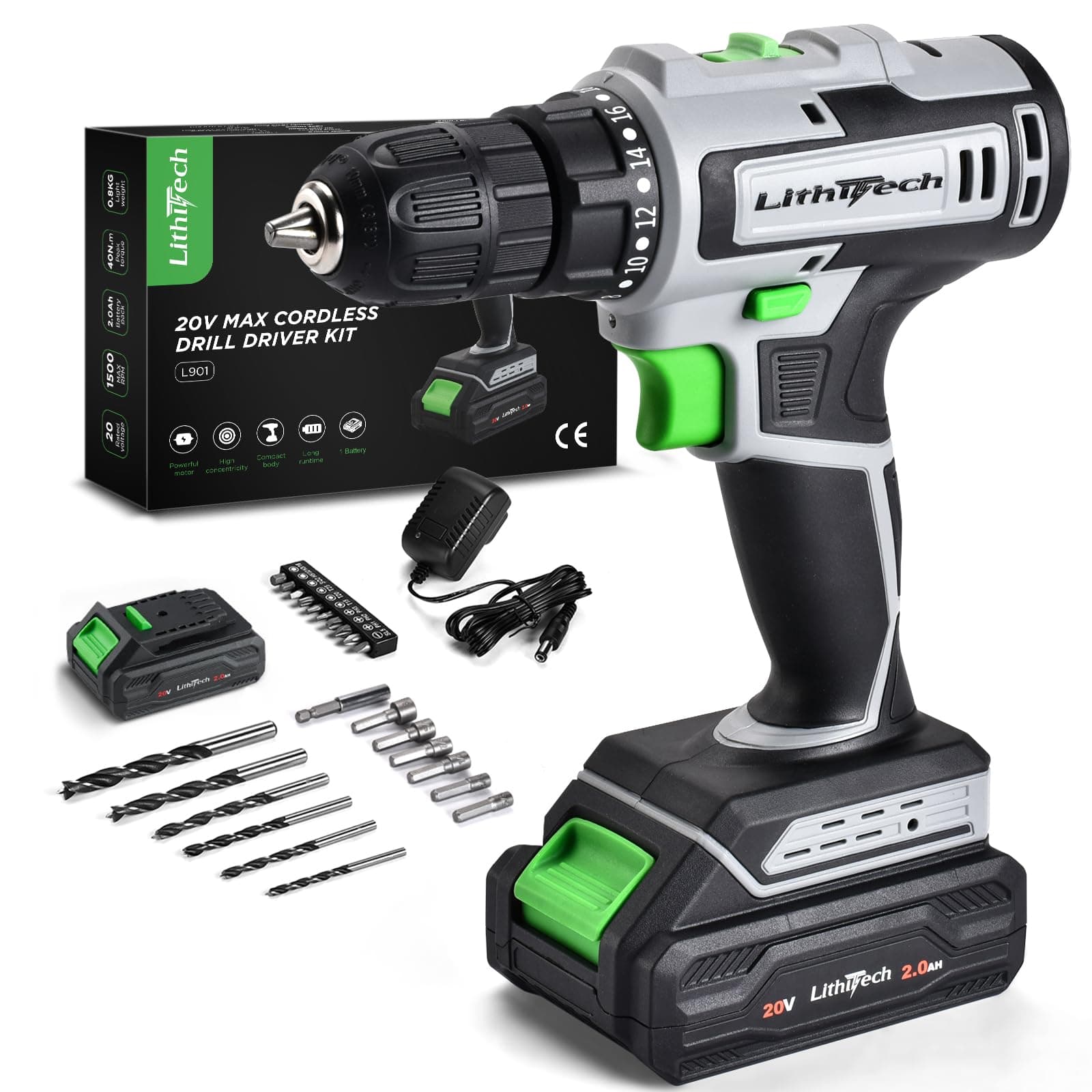 Cordless Drill Set, 20V Power Drill with Battery 2.0Ah and Charger, 3/8-Inch Keyless Chuck Electric drill, 18+1 Position, 2 Variable Speed, 380 In-lb Torque (Green)