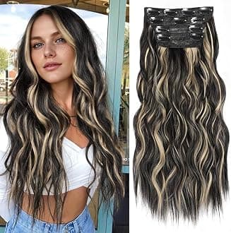 ALXNAN Clip in Long Wavy Synthetic Hair Extension 24 Inch Black with Blonde Highlights 4PCS Thick Hairpieces Fiber Double Weft Hair for Women