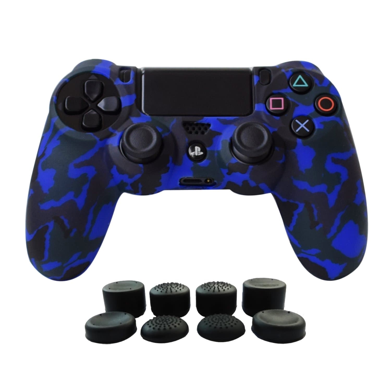 Hikfly Silicone Gel Controller Cover Skin Protector Compatible with Sony PlayStation 4 PS4/PS4 Slim/PS4 Pro Controller (1X Camouflage Cover with 8 x FPS Pro Thumb Grip Caps)(Blue)