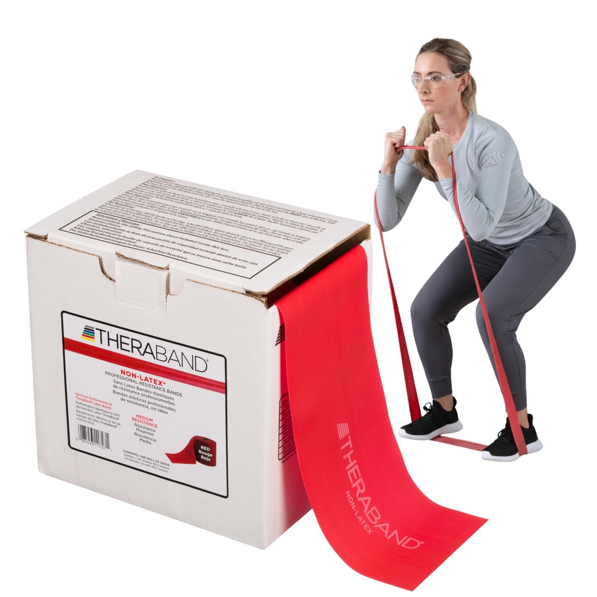 THERABAND Resistance Band 50 Yard Roll, Medium Red Non-Latex Professional Elastic Bands For Upper & Lower Body Exercise, Physical Therapy, Pilates, & Rehab, Dispenser Box, Level 3