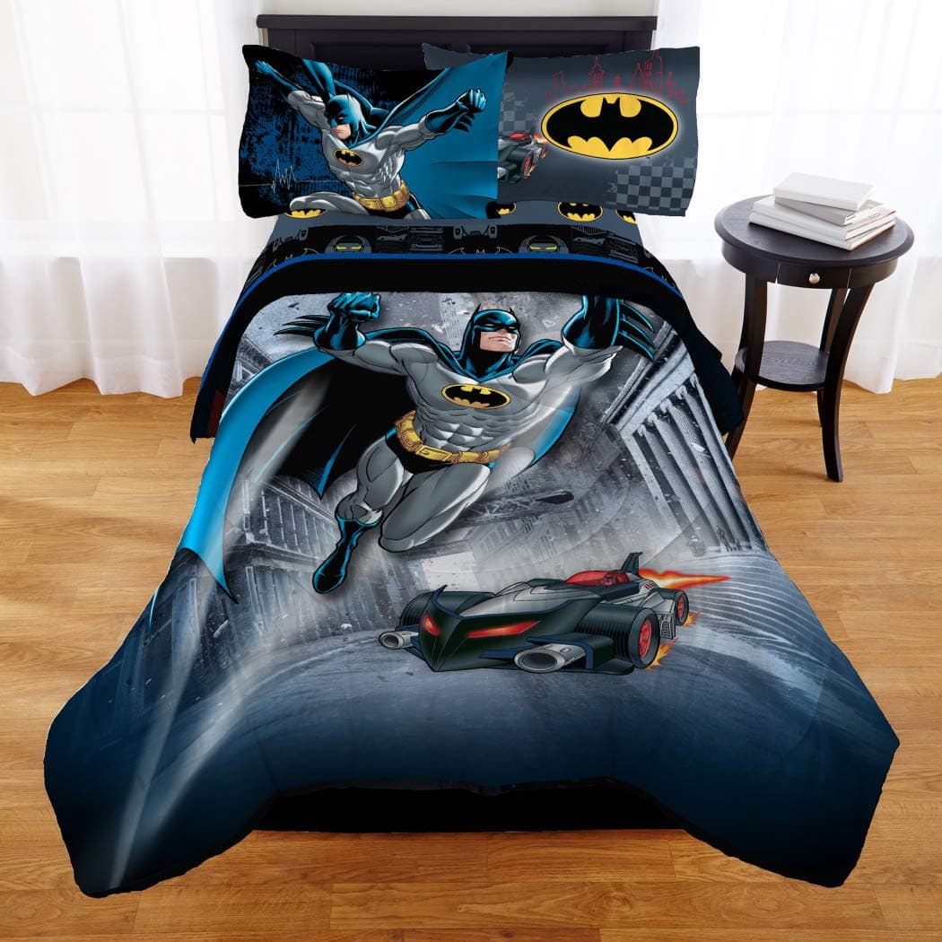 TN 4 Piece Boys Black Batman Bedding Full Sized, Blue Superhero Comforter Set Highflying Batman Batmobile Reversible Set Batman Logo Yellow Multi Colored, Polyetster