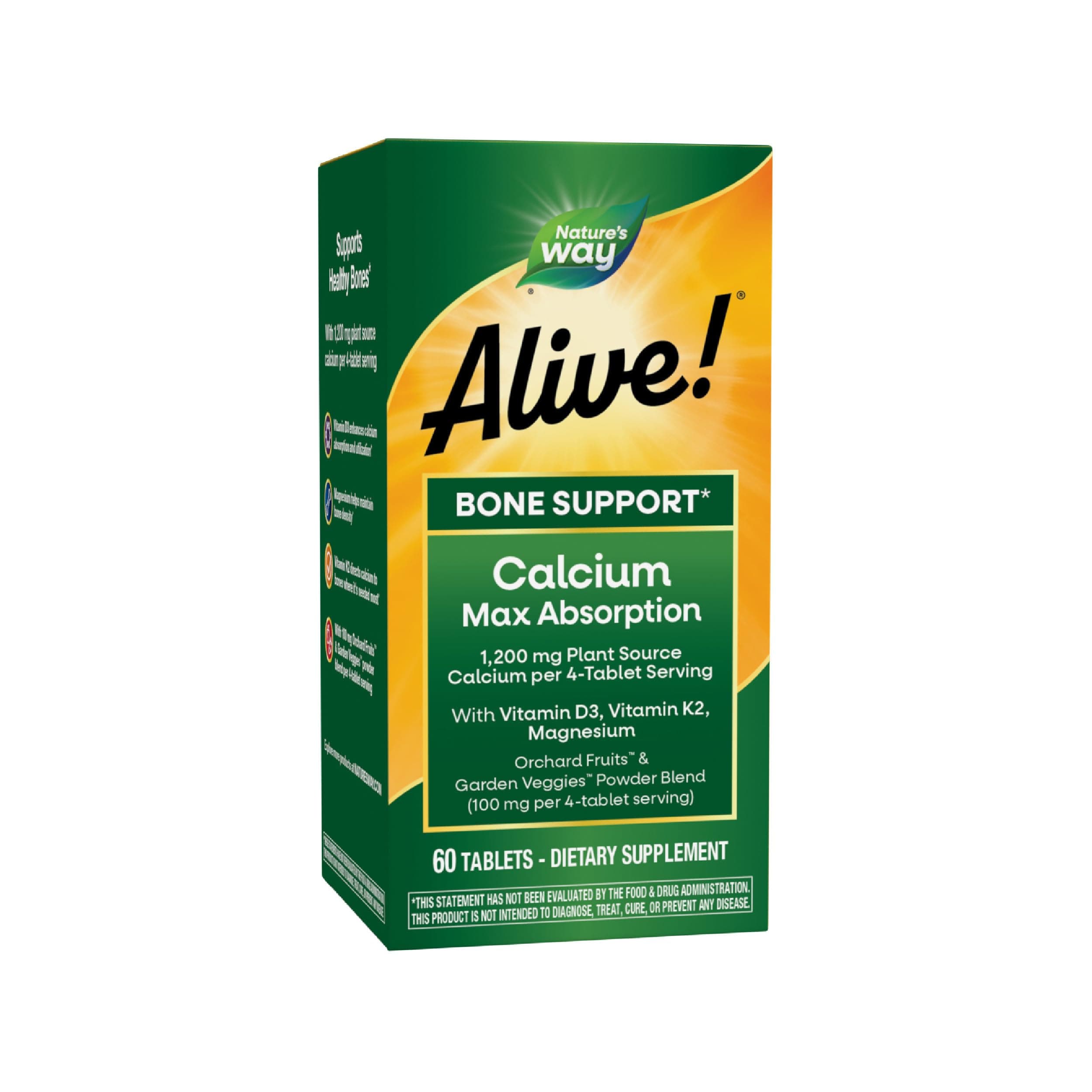 Nature’s Way Alive! Calcium Bone Support Tablets*, Max Absorption Calcium Supplement with Vitamins D3, K2, & Magnesium, Promotes Bone Health and Bone Density*, Gluten Free, 60 Tablets