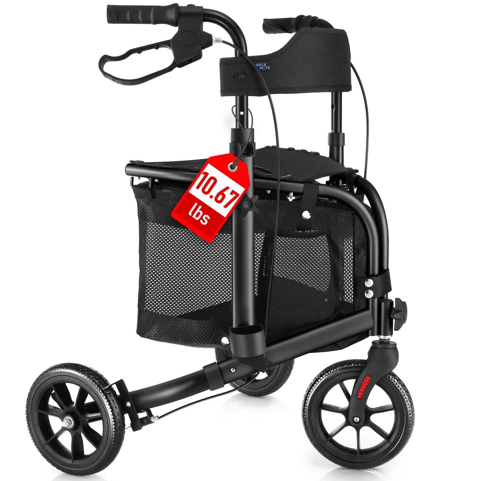 WALK MATE 3 Wheel Rollator Walker with Seat for Slim Seniors, Padded Backrest Lightweight Foldable Travel Walker Ideal for Elderly, 8 Inch Tri-Wheel Modern Mobility Walking Aid Aluminum, Black