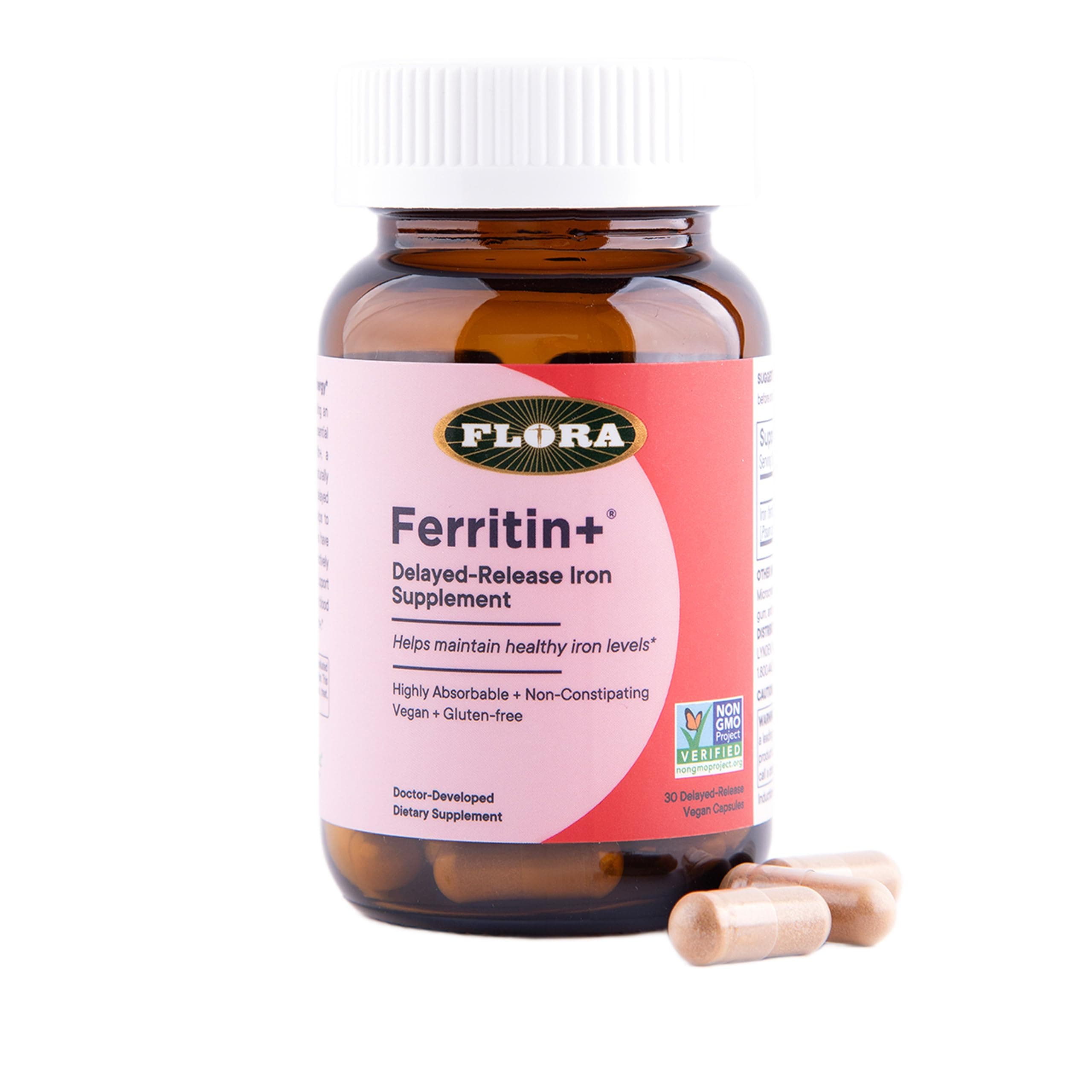 Ferritin+ Delayed-Release Iron Supplement - Plant-Based Iron Supplement - Blood Cell & Energy Support - Vegan & Gluten-Free - Amber Glass Bottle - 30 Vegan Capsules