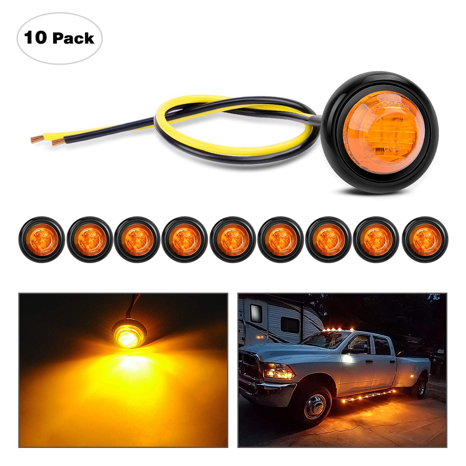 Nilight 10 PCS 3/4” Round LED Clearance Light LED Front Rear Side Marker Indicator Light Bullet Marker Light for Truck RV Car Bus Trailer Van Caravan Boat (12V, Amber), 2 Years Warranty