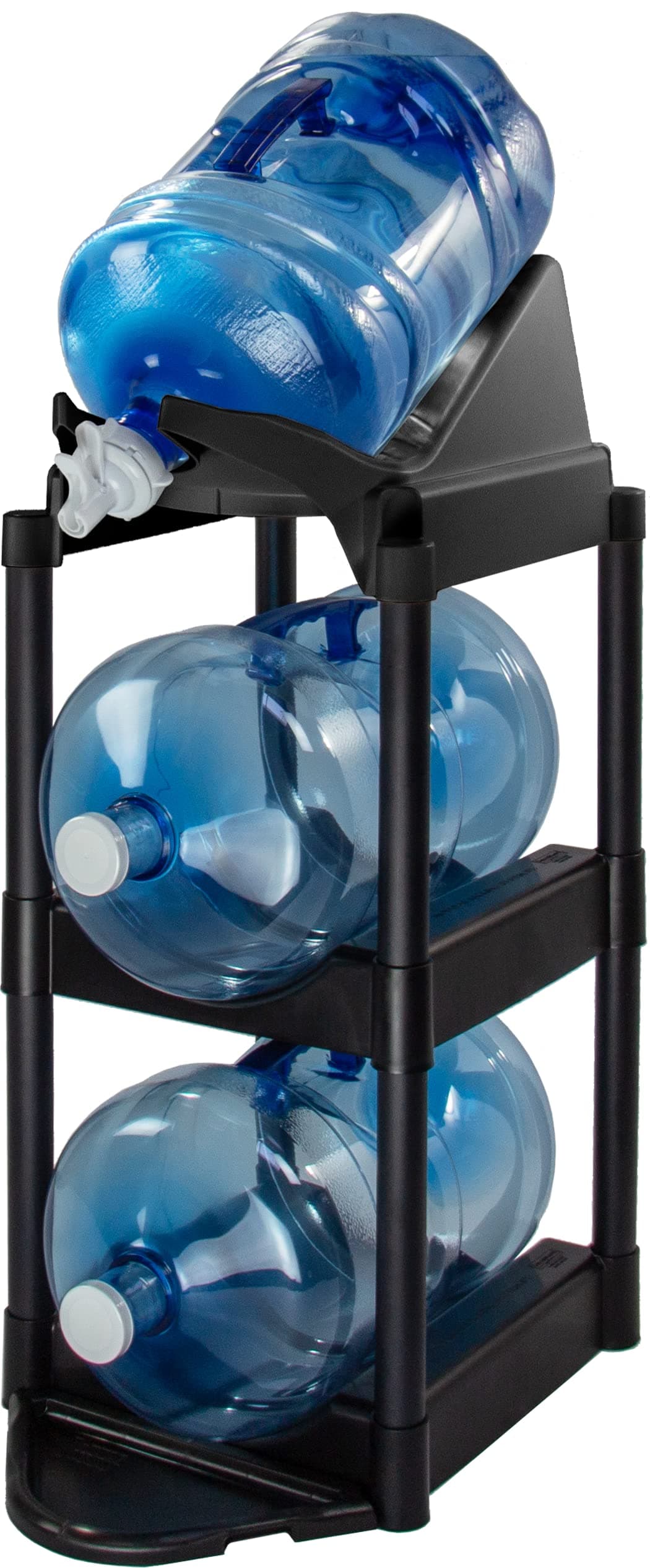 Bottle Buddy Cascada Pour & Store System Water Bottle System-3-Tier 5 Gallon Jug Storage Rack with Floor Protector & Dispenser Tray-Home & Office Organization-Durable Plastic, Easy To Assemble - Black