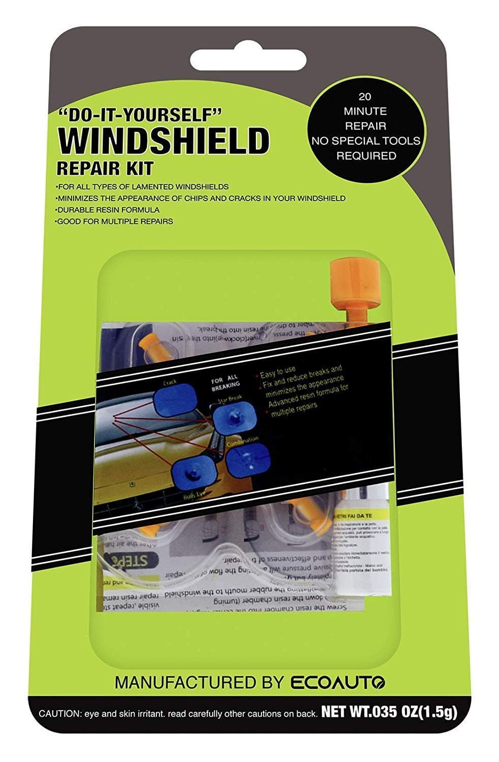 EcoAuto Windshield Repair Tool Kit to Fix Auto Broken Glass - Professional Large Crack Repair Tool Kit for Crack or Small Chip Scratch
