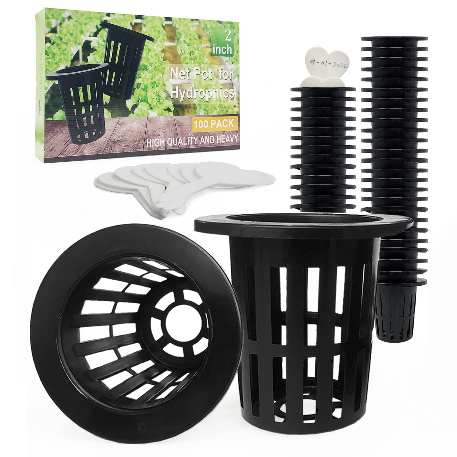 100 Pack 2 inch Net Pots Hydroponics Supplies Cups, Round Wide Lip Design Orchids Aquaponics Garden Slotted Mesh Heavy Duty Net Pot with 20 Pcs Plant Labels