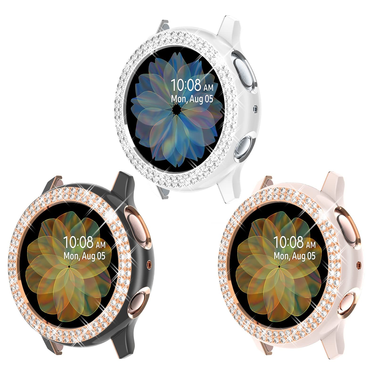 Surace Compatible with Galaxy Watch Active 2 Case 40mm, Bling Crystal Diamond Protective Cover Compatible for Samsung Galaxy Watch Active 2, 3 Packs, Black/Rose Gold, Pink/Rose Gold, White/Silver