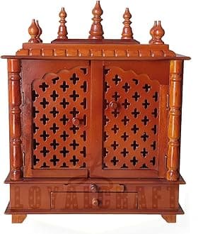 Wooden Temple mandir/god Stand for Home/Pooja Stand/mandap/mandapam/Pooja mandir with Doors (Large 24x12x30 WxDxH INCH, Orange)