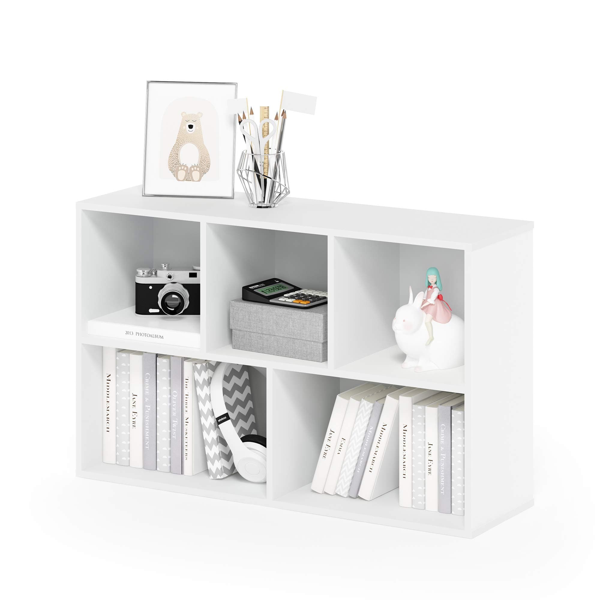 Furinno LUDER Book Shelf, 5-Cube Bookshelf, Reversible Bookcase, 9.4 x 19.5 x 31.5, Easy Assembly, for Living Room, Bedroom, Home Office, White