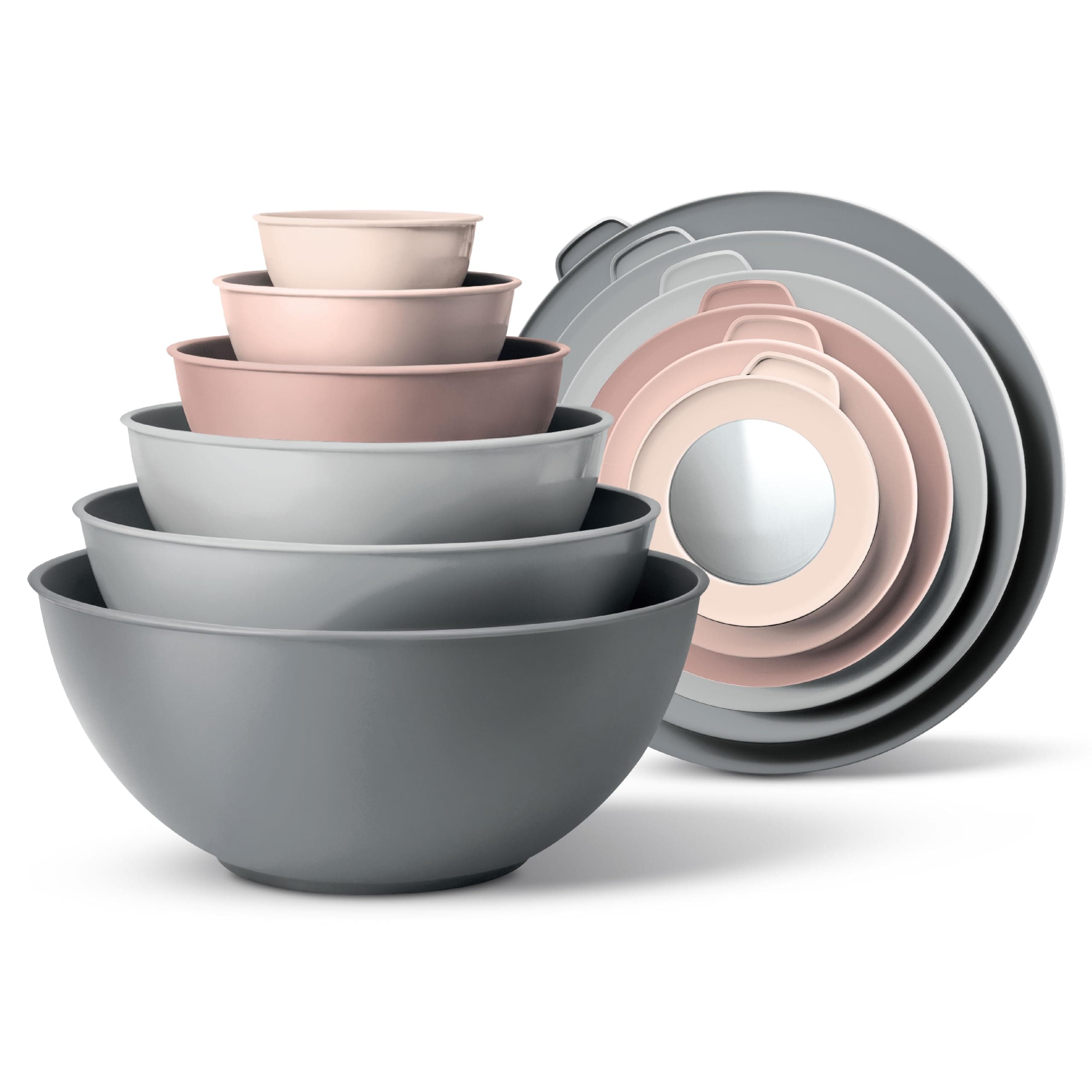 Mixing Bowls with TPR Lids - 12 Piece Plastic Nesting Bowls Set includes 6 Prep Bowls and 6 Lids, Microwave Safe Mixing Bowl Set (Pink Ombre)