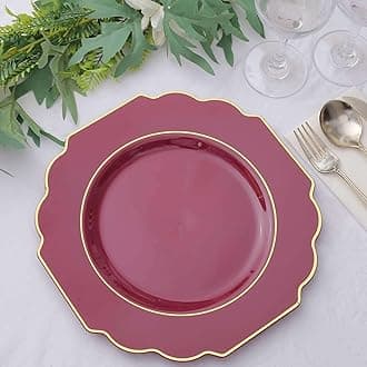 Efavormart 10 Pack | 11" Burgundy Hard Plastic Dinner Plates, Disposable Tableware, Baroque Heavy Duty Plates with Gold Rim