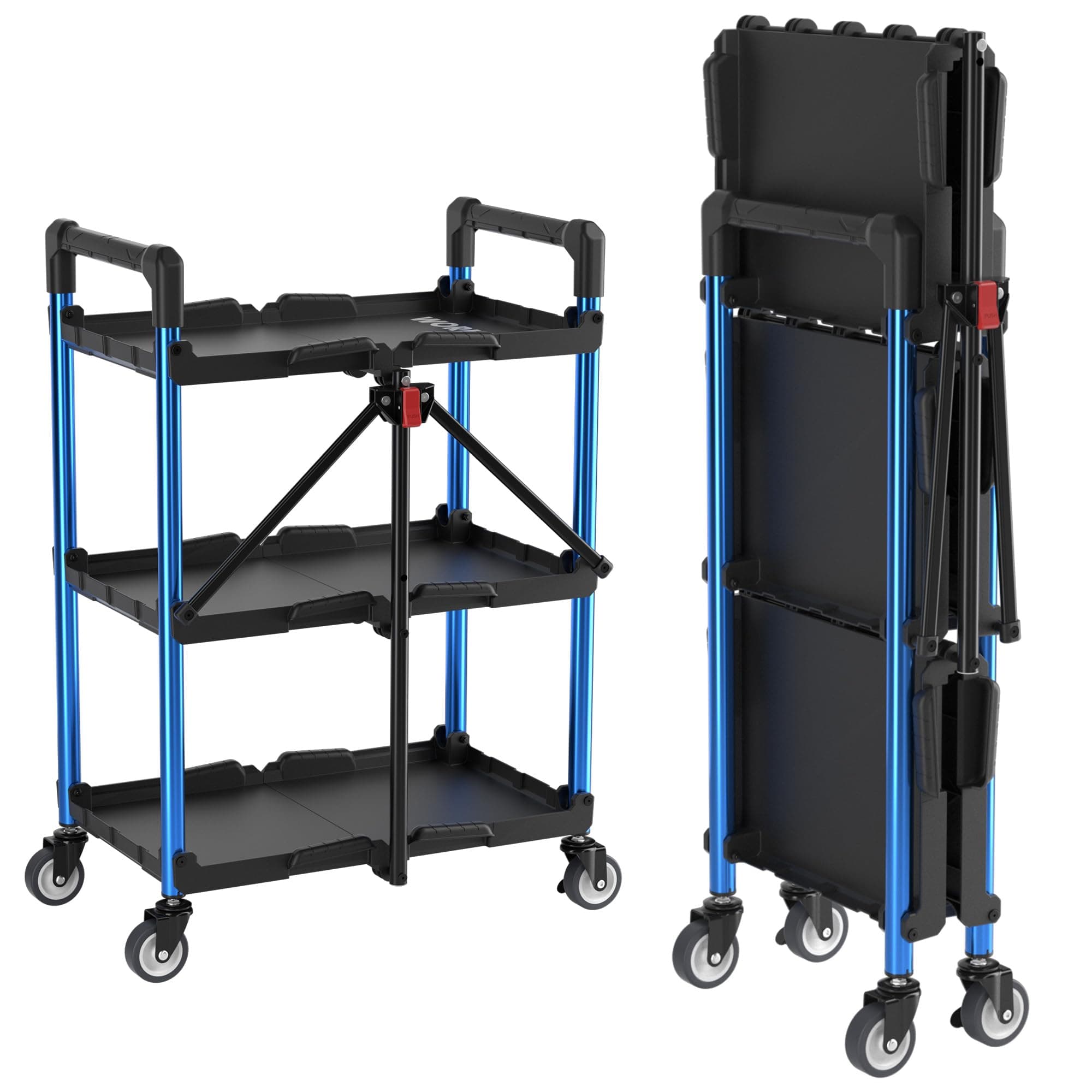 3-Tier Collapsible Service Cart, 210 LBS Foldable Utility Service Cart with Wheels, Portable Tool Cart for Garage, Warehouse, Home, Restaurant, Office (No Assembly Required)