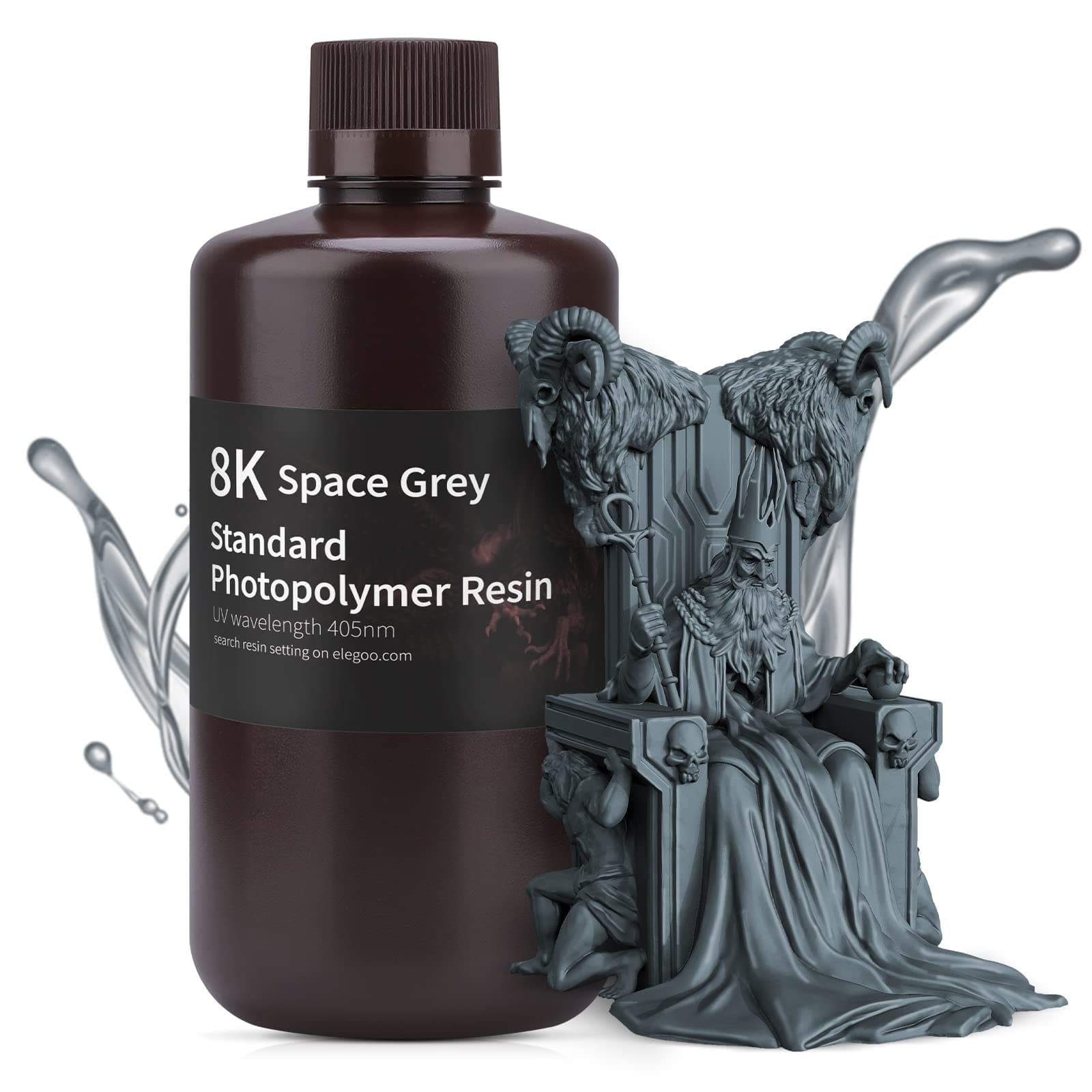 ELEGOO 8K Standard Resin, 405nm Rapid UV-Curing 3D Printer Resin, Higher Precision, Lower Shrinkage 3D Photopolymer Resin for 8K/12K/14K 3D Printer and LCD/MSLA/DLP 3D Printing, Space Grey 1000G
