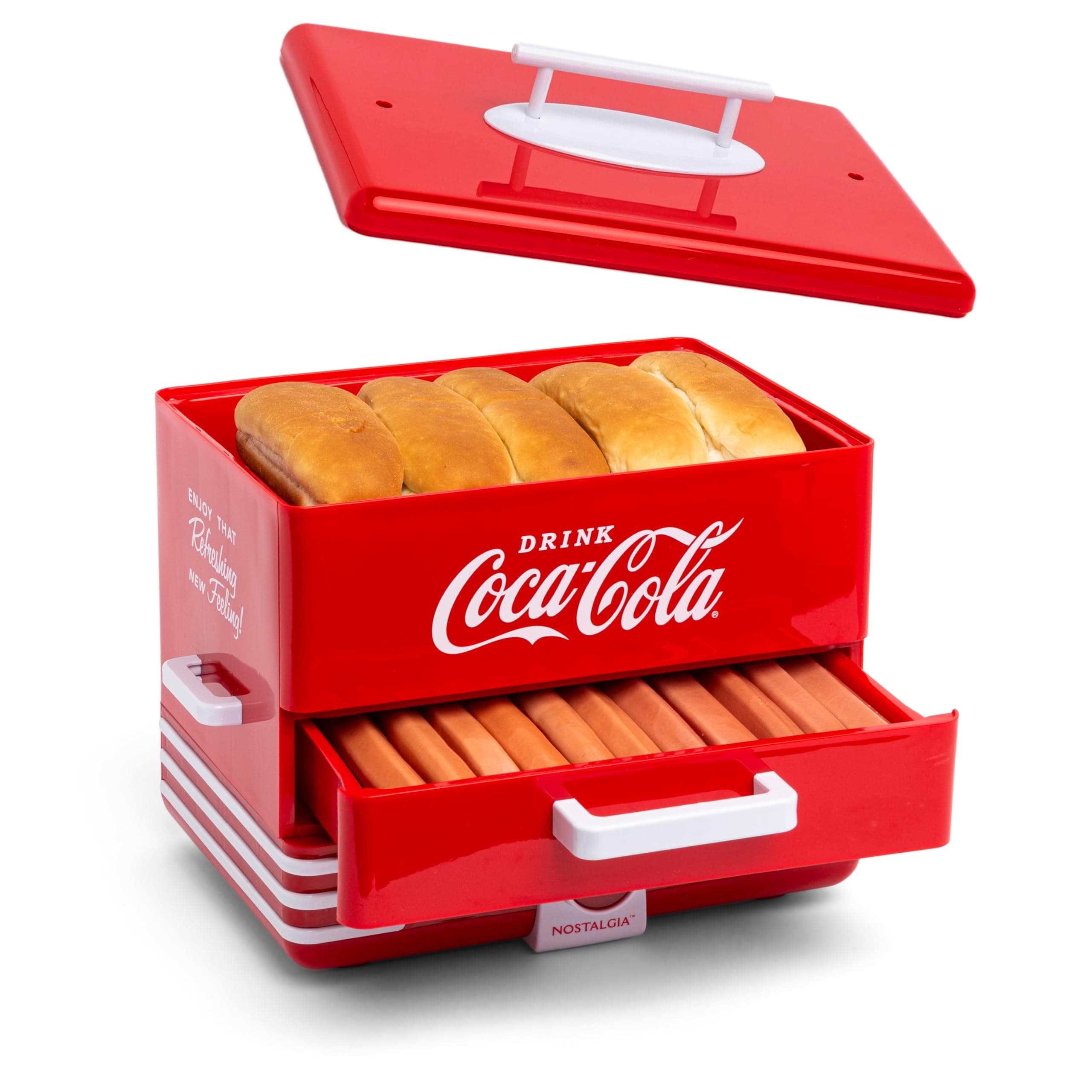 Extra-Large Dinner Style Coca-Cola Steamer and Toaster, Capacity for 24 Hot Dogs and 12 Buns, Sausages, Vegetables, Fish, Meatballs, Red