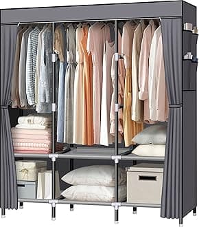 Portable Closet, LOKEME 61-Inch Portable Wardrobe with 3 Hanging Rods and 6 Storage Shelves, Non-woven Fabric, Stable and Easy Assembly Grey Portable Closets for Hanging Clothes with Side Pockets