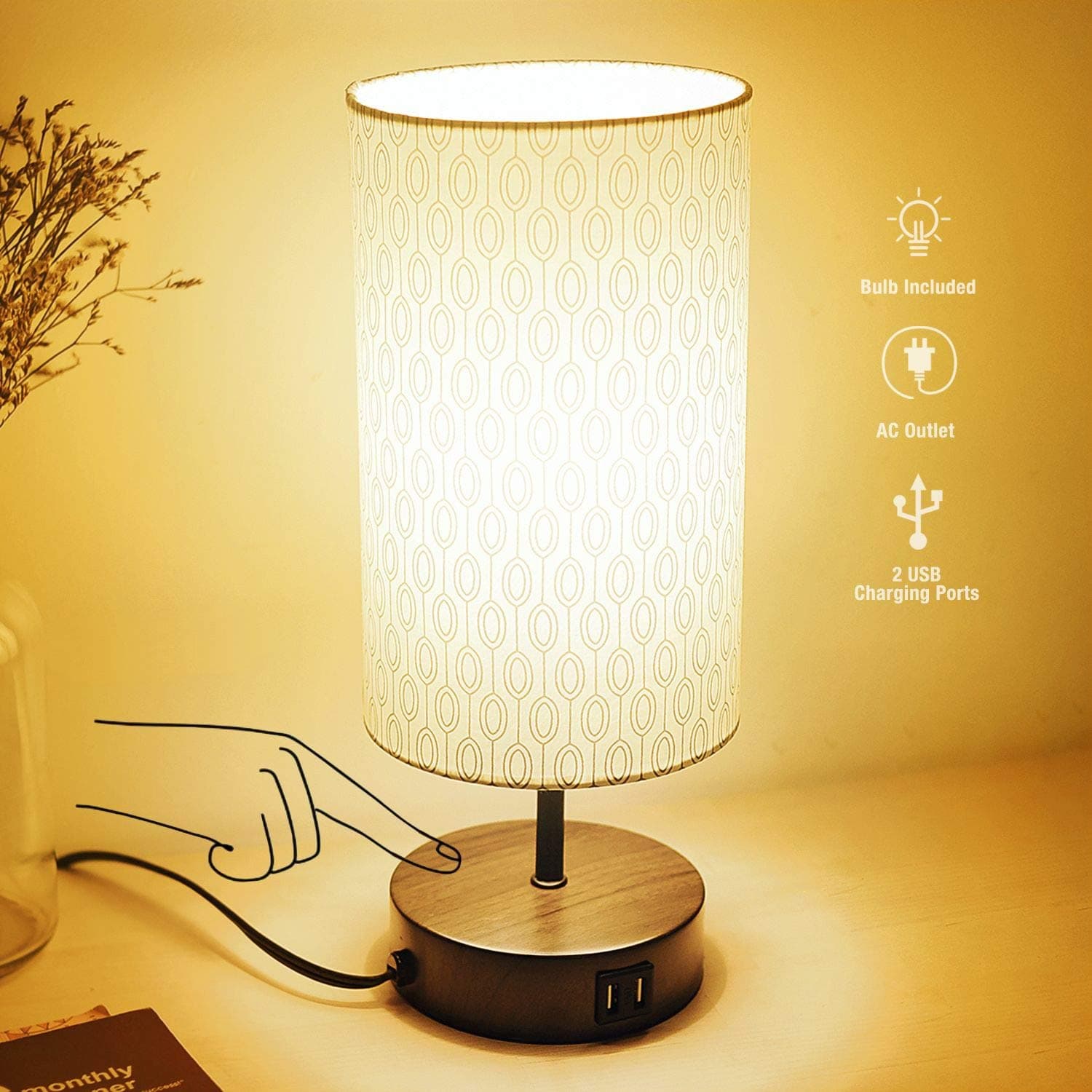 3-Way Dimmable Touch Control Table Lamp-Modern Bedside Nightstand Lamps with 2 USB Ports & AC Outlet, Desk Lamps with Pattern Round Linen Shade, Lamps for Bedroom Living Room Office, LED Bulb Included