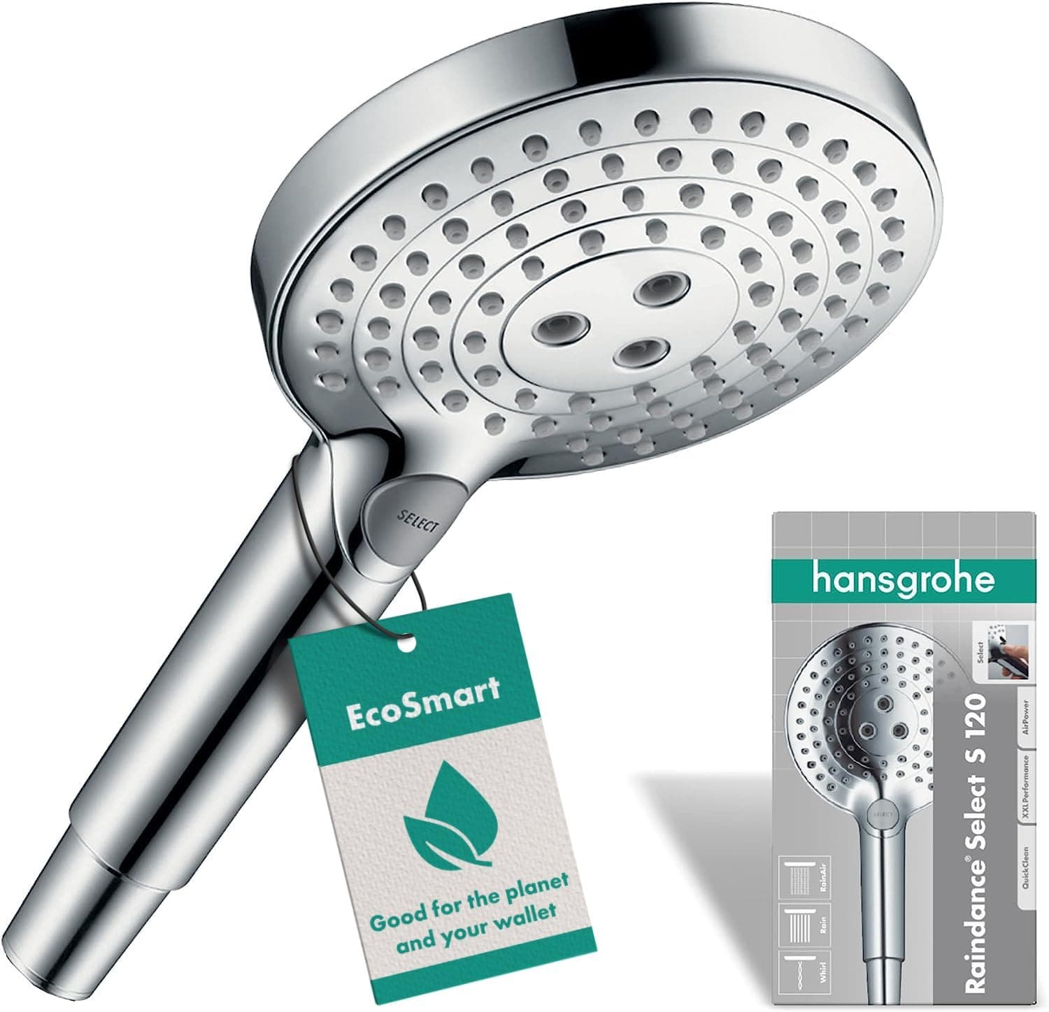 Raindance Select S - water-saving shower head 9 l/min (EcoSmart), hand shower round (⌀ 120 mm) with 3 sprays, with anti-limescale function, chrome