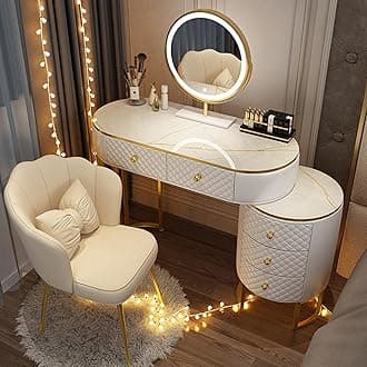 Vanity Set - Makeup Vanity Desk with Smart LED Mirror and Chair, Luxurious Makeup Table with 5 Drawers ＆ Metal Legs, Suitable for Her (White, 40'')