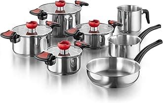 Kopf pot set Nelo made of stainless steel - induction cookware set with intelligent pouring aid, 4x pots with glass lid, 1x milk pot, 1x casserole and 1x pan, 11-piece