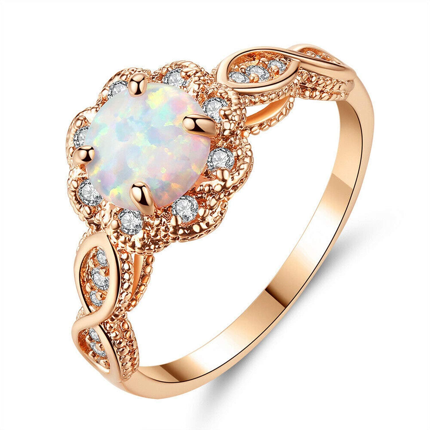 18K Gold Plated Opal Ring-White Fire Opal & Amethyst & Cubic Zirconia Women Jewelry Gemstone Engagement Anniversary Ring Size 5-13