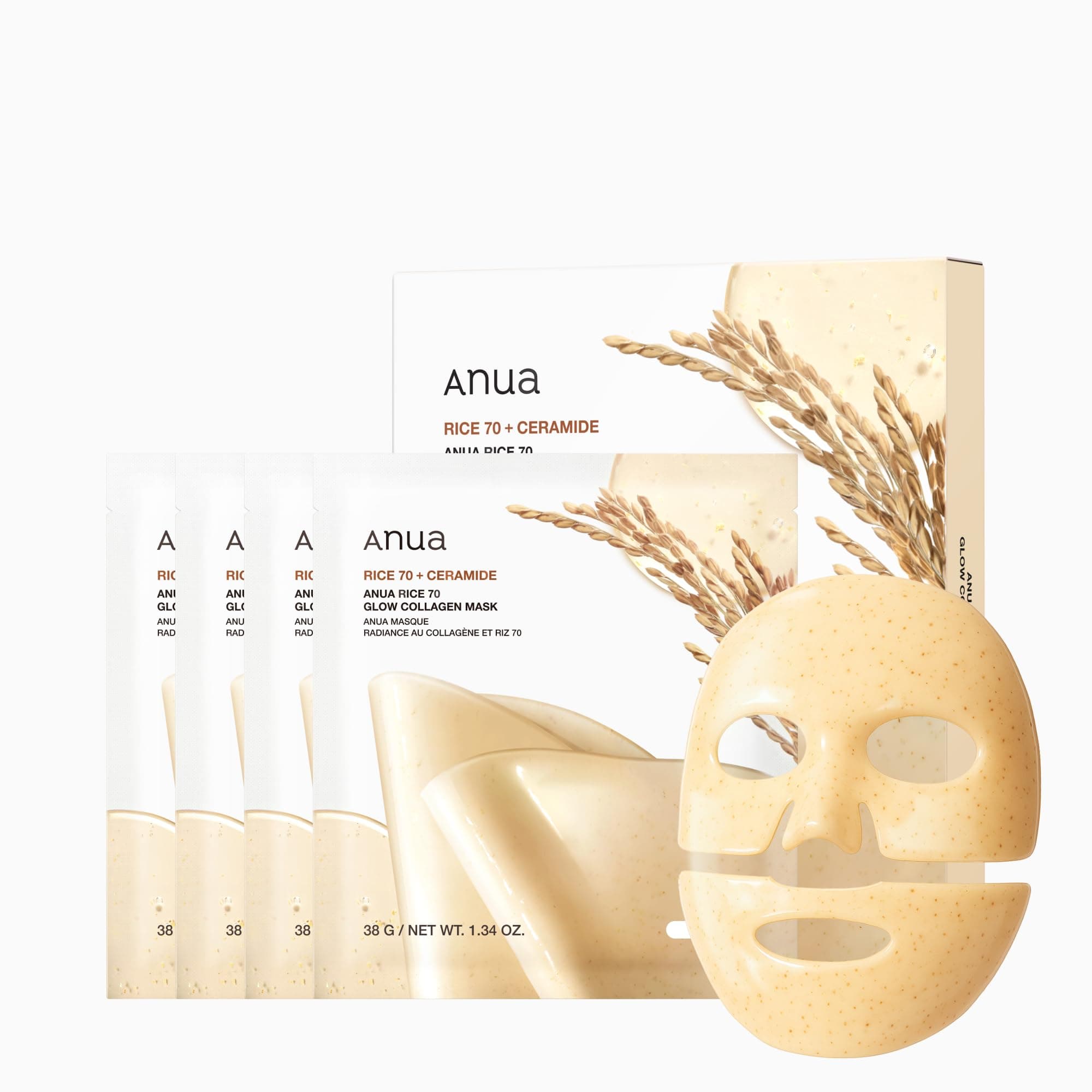 ANUA Rice 70 Glow Collagen Face Pack (4-piece set) Rice Pack, Dewy Skin, Moisture, Hydration, Nutrition, Dry Skin, Combination Skin Rice Collagen Mask Pack, Collagen Pack, Sheet Mask, Face Mask, Skin