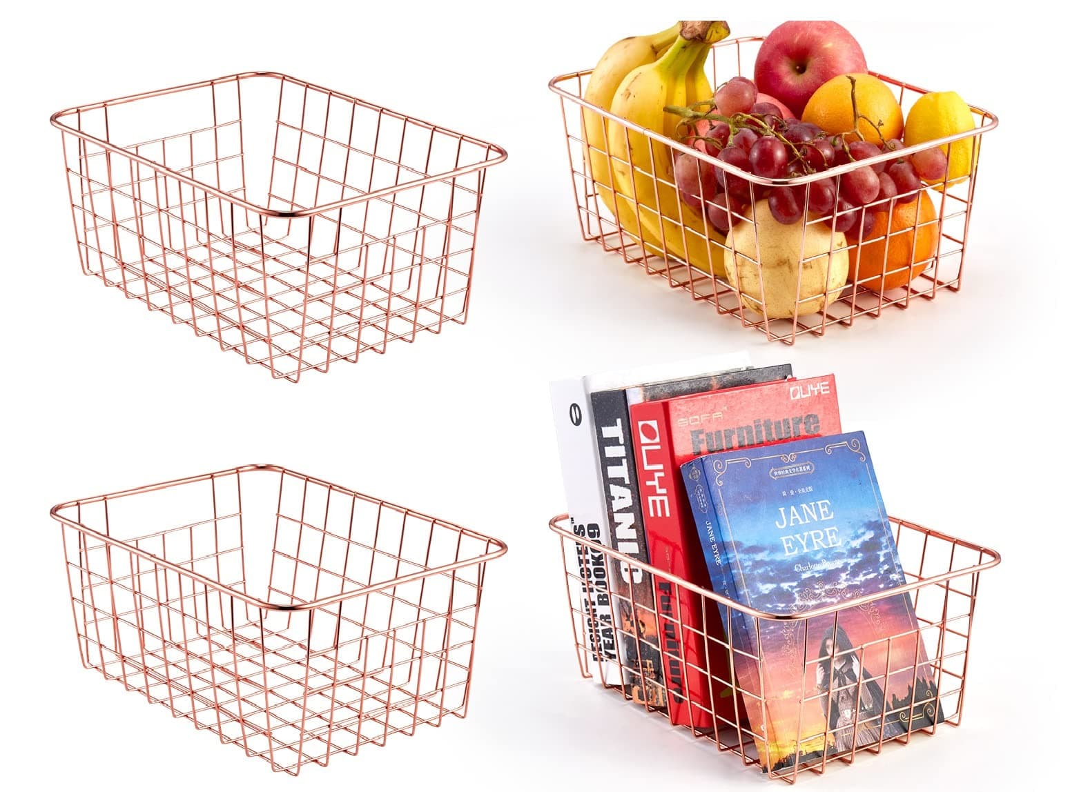 SINARDO Storage Wire Baskets Organized For Kitchen Freezer Bedroom Bathroom Pantry Basket (Rose Gold, Large X 2pcs + Mid X 2pcs)