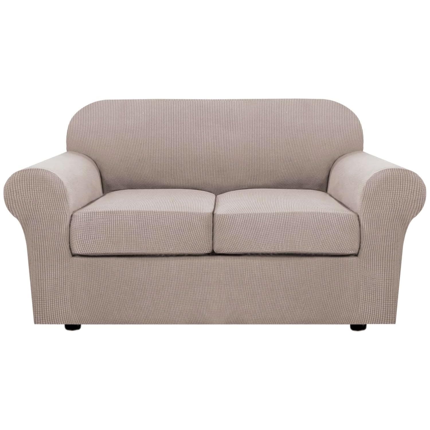 3 Piece Stretch Sofa Covers for 2 Cushion Loveseat Couch Covers for Living Room Furniture Cover (Base Cover Plus 2 Seat Cushion Covers) Thicker Jacquard Fabric(Medium Sofa, Sand)