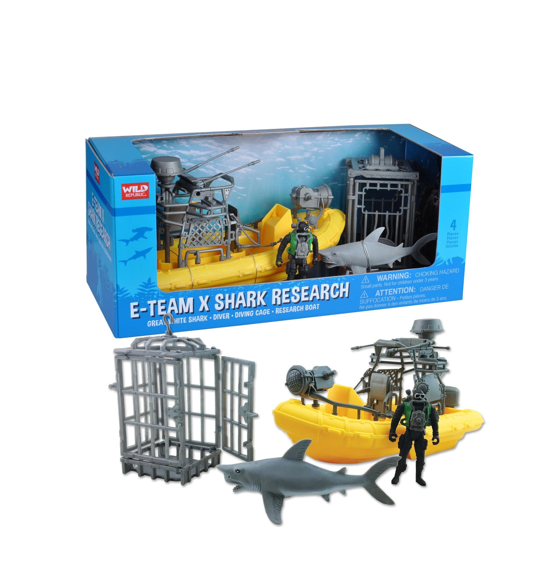 Wild Republic E-Team X Shark Set Playset, Action Figure, Shark, Boat, Diving Cage, Gifts for Kids, 4-Piece Set 15394 , Cuddlekins