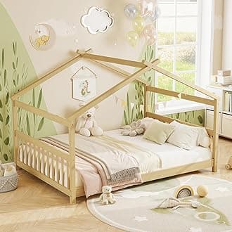 KOMFOTT Full Floor House Bed with Headboard & Footboard, Wood Floor Bed Frame with Roof for Boys & Girls, No Box Spring Needed, Wooden Montessori Bed Full Size (Natural)