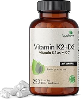 Futurebiotics Vitamin K2 (MK7) with D3 Supplement - Non-GMO Formula - 5000 IU Vitamin D3 & 90 mcg Vitamin K2 MK-7, 250 Vegetarian Capsules