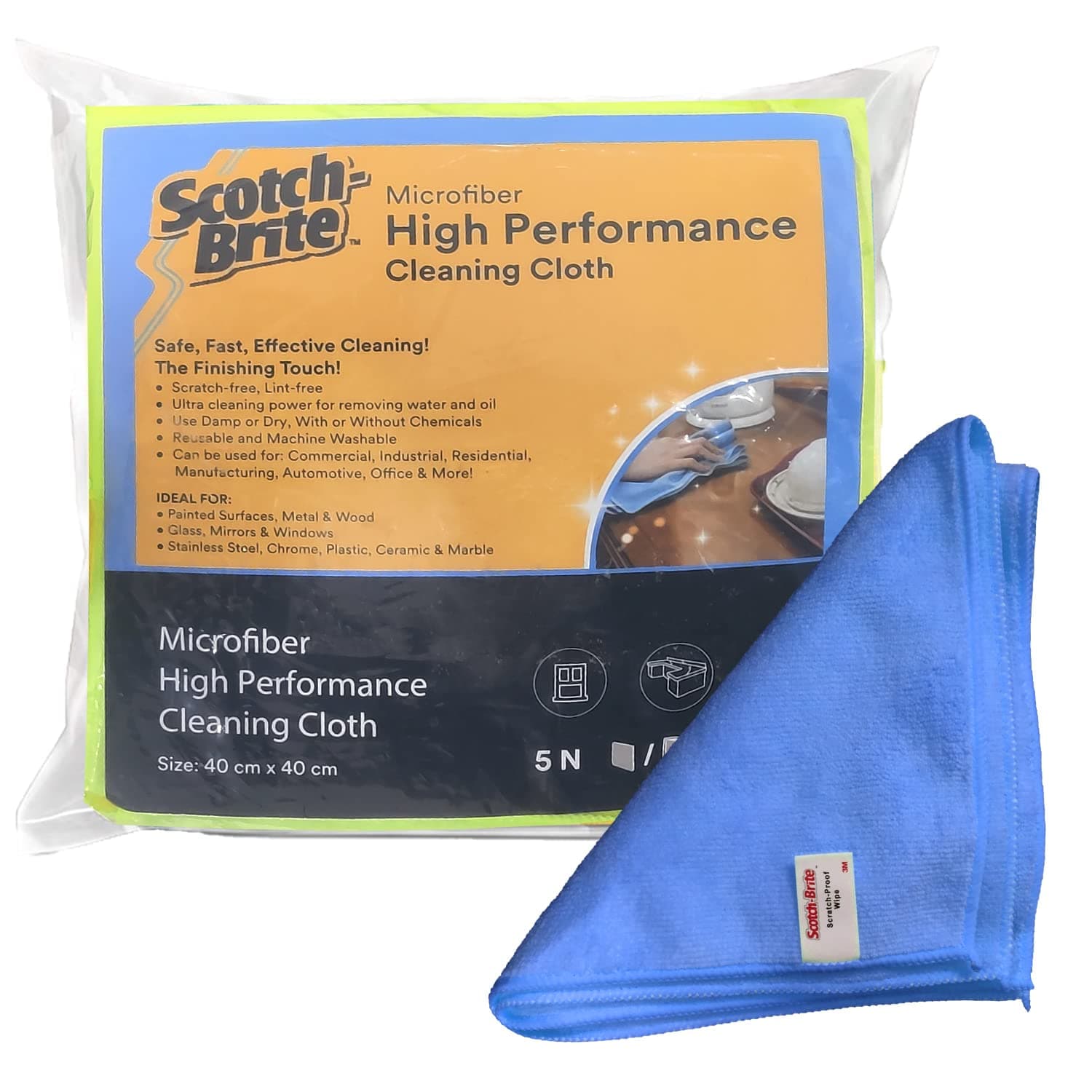 3M High Performance Microfiber Cleaning Cloth - 300 GSM, Lint & Scratch Free, Multi Use for Glass, Metal, Wood, Superior Stain Removal Wipe Cloth 40 cm X 40 cm (Blue, Packs of 5)