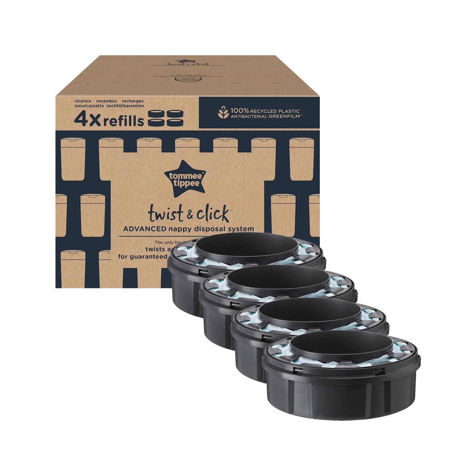 Tommee Tippee Twist and Click Advanced Nappy Bin Original Refill Cassettes, Exclusive Pack of 4, for Easy refill and Great value (pack may vary)