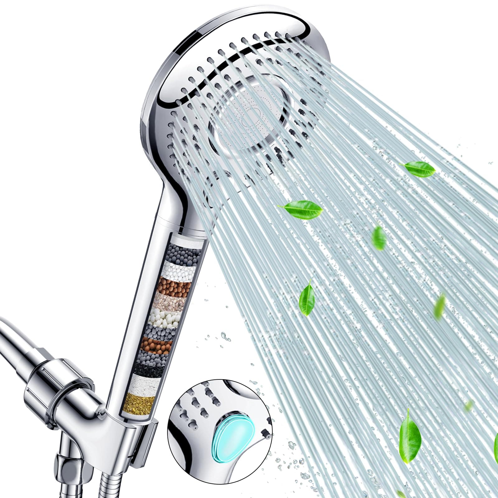 FEELSO Handheld Shower Head with Filter, High Pressure 3 Spray Mode Showerhead with 60" Hose, Bracket and 15 Stage Water Softener Filters for Hard Water Remove Chlorine and Harmful Substance