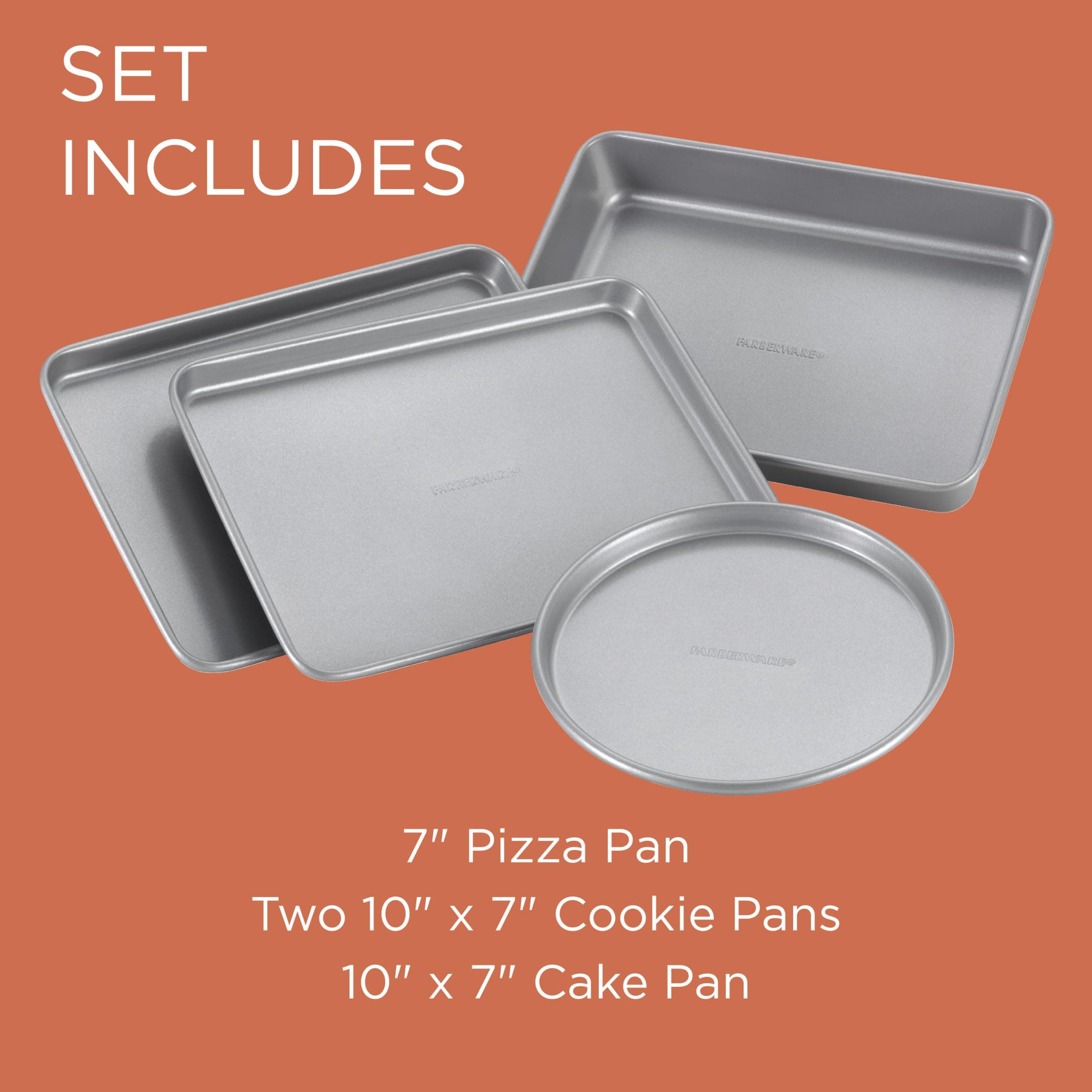 Farberware 57775 Nonstick Bakeware Toaster Oven Set with Nonstick Baking Pans, Cookie Sheets and Baking Sheets - 4 Piece, Gray