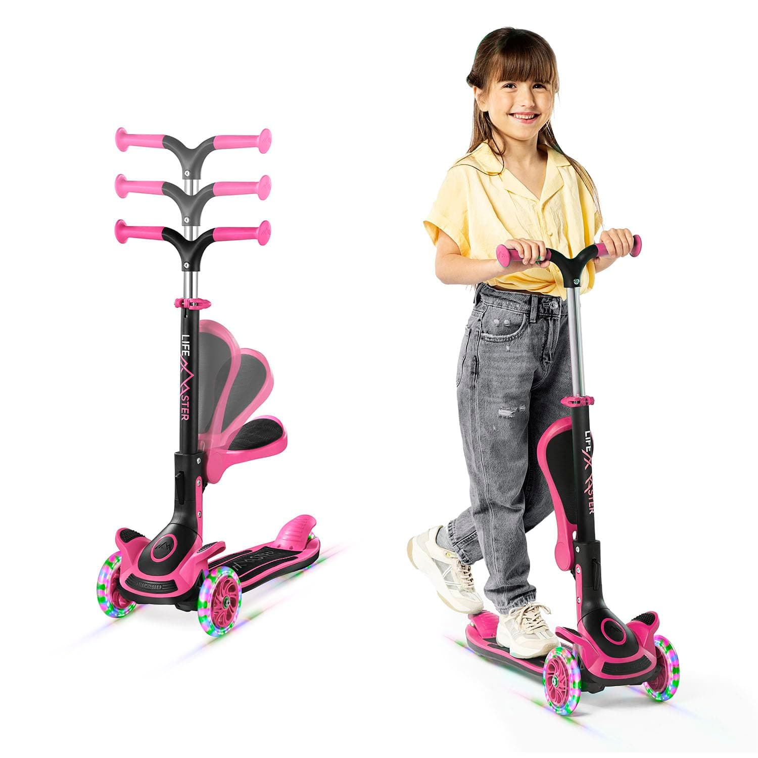 3 Wheel Scooter for Kids with Foldable Seat, Adjustable Handlebar Height, Lean-to-Steer Ride On Toy for Kids Ages 2+, Light-Up LED Wheels, Wide Anti Slip Deck, Indoor & Outdoor Use