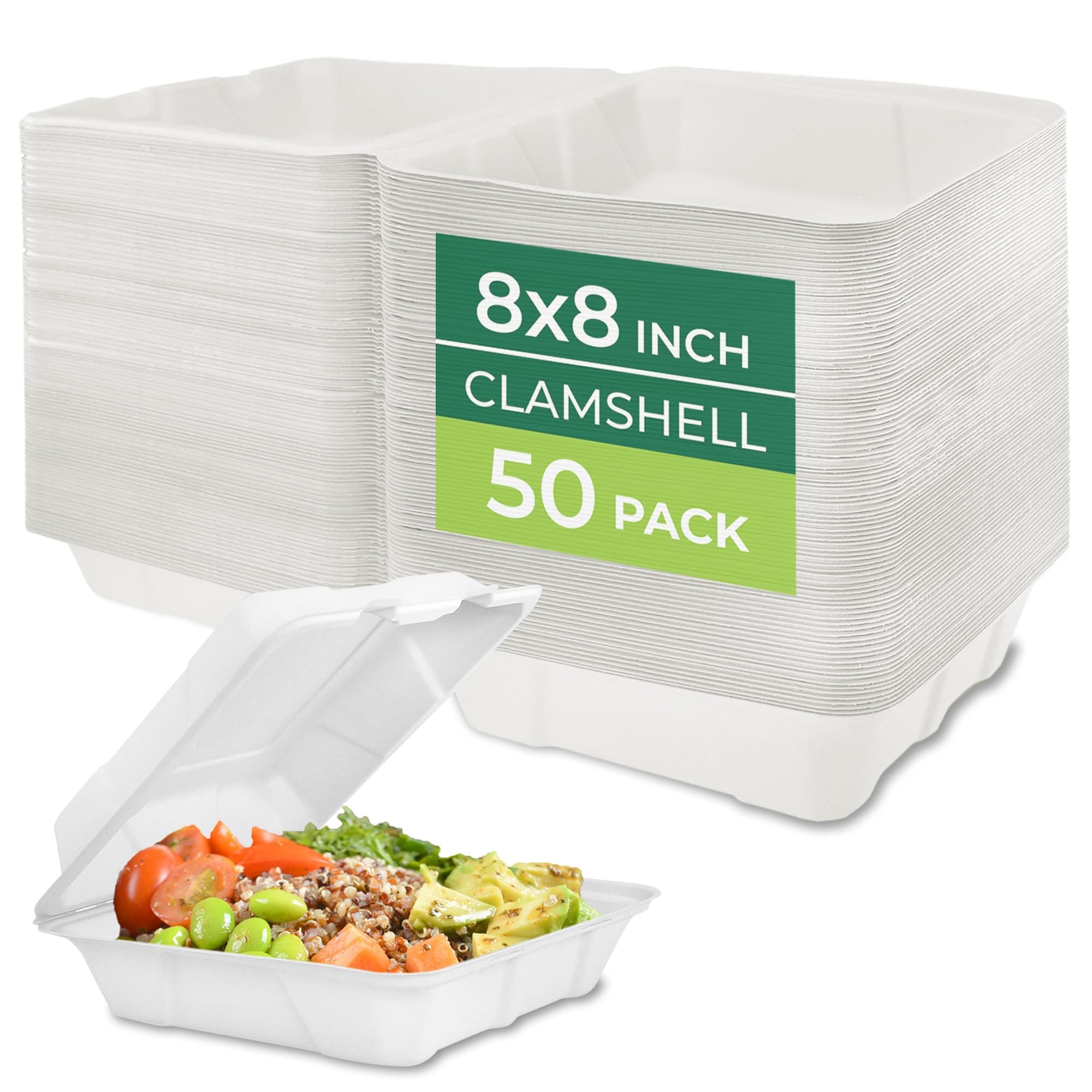 Freshware Compostable Clamshell Food Containers - 8x8" 50-Pack, Biodegradable Sugarcane To Go Boxes, Heavy Duty Paper Container - Microwave & Freezer Safe, Stackable