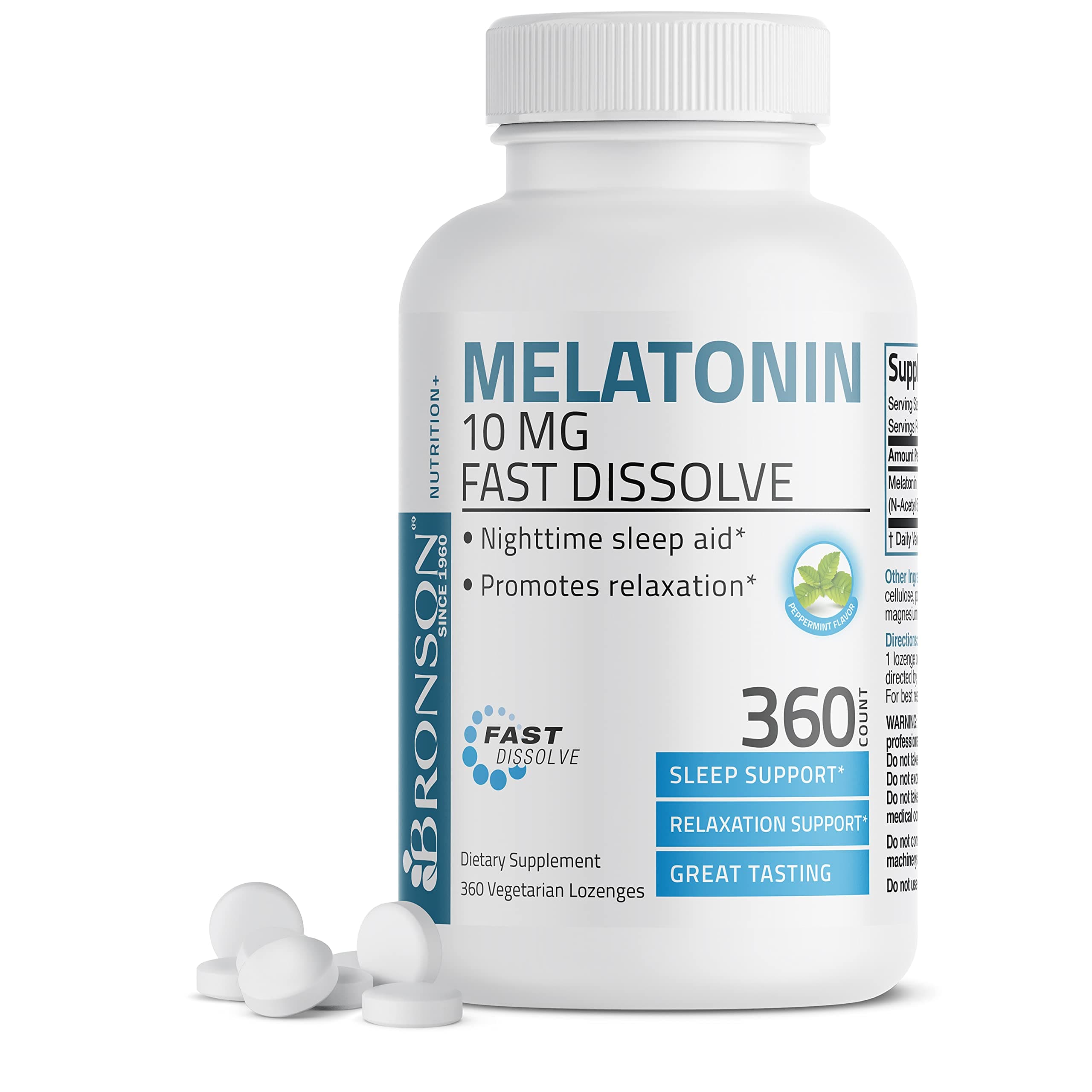 Melatonin 10 MG Fast Dissolve Peppermint Tablets, Promotes Relaxation, 360 Chewable Vegetarian Lozenges
