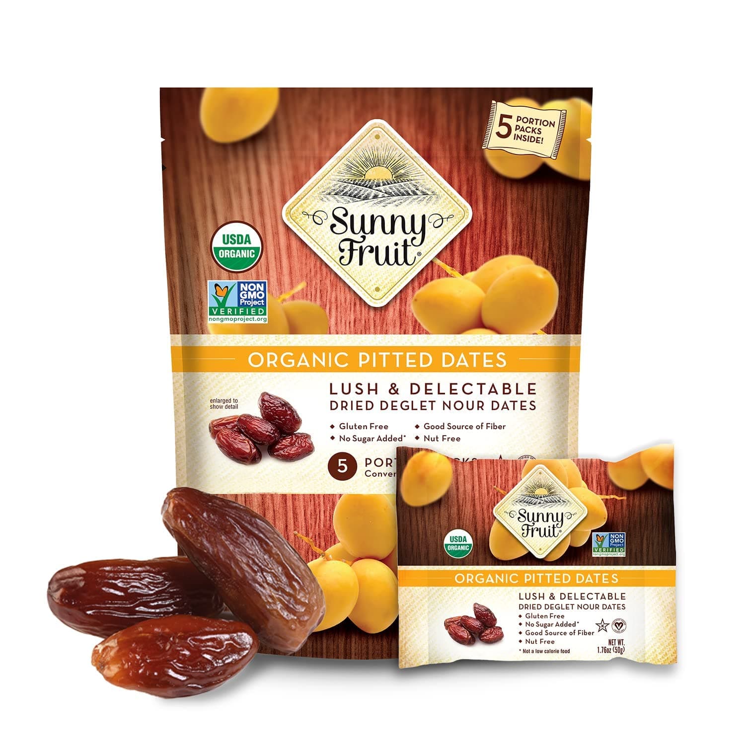 Organic Dried Pitted Deglet Nour Dates - 1 Bag (5 Individual Portion Packs) | No Preservatives, No Sugar Added | Healthy, Convenient Superfood Snack Packs | ORGANIC, NON-GMO, HALAL, KOSHER