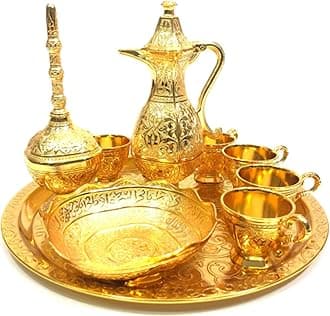 Vintage Metal Turkish Coffee Tea Zamzam Water Pot Drinking Set | Serving Tray, Pot, 6 Cups, Bowl Sets | Mid Century Coffee Teapot Set, Turkish Islamic Decoration (Gold)