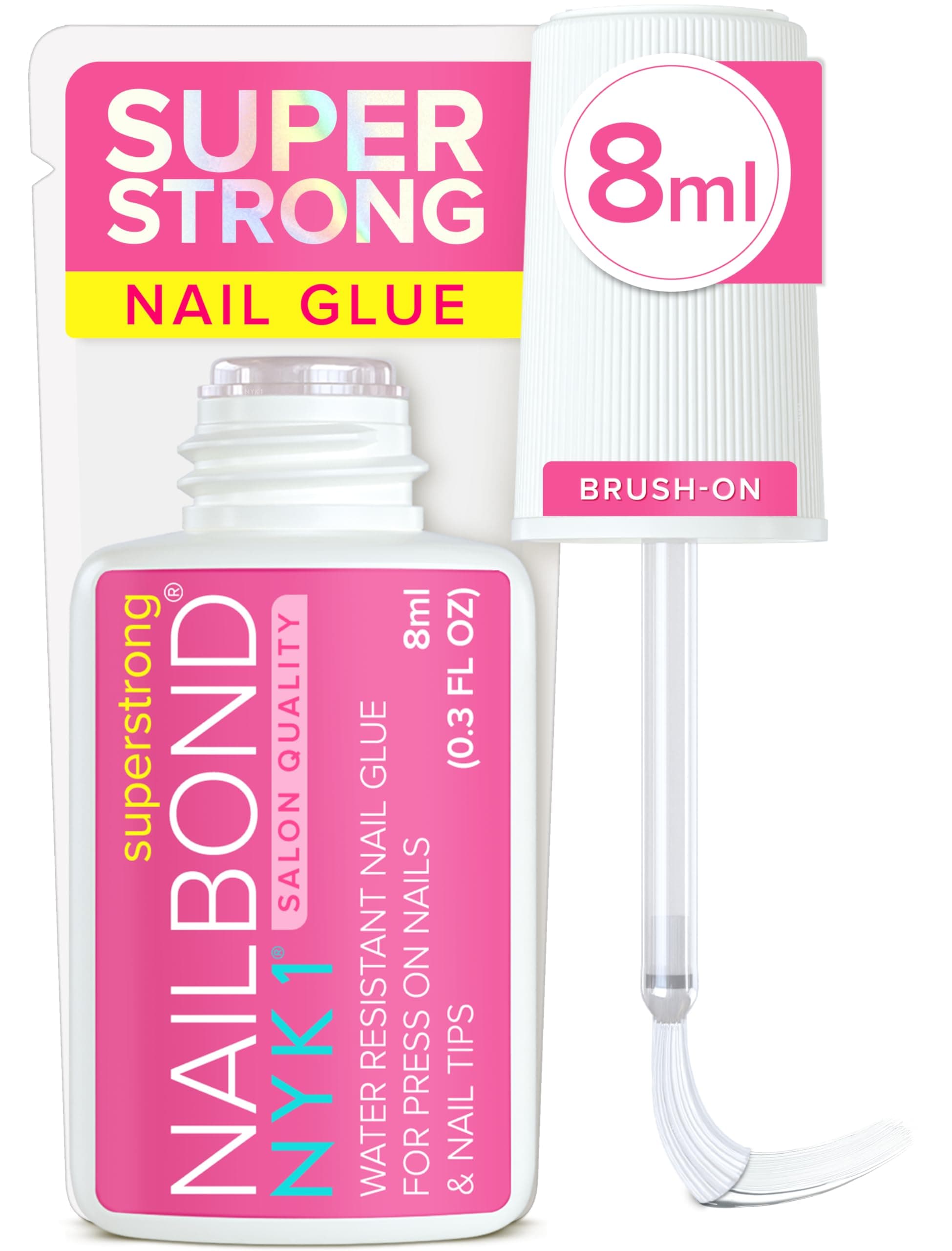 Super Strong Nail Glue for Press On Nails, Tips & False Nails (8ml) NYK1 NailBond Brush On Nail Glue Extra Strong for Press Ons, Tips & Acrylics - Long Lasting, Maximum Strength, Mess-Free Application