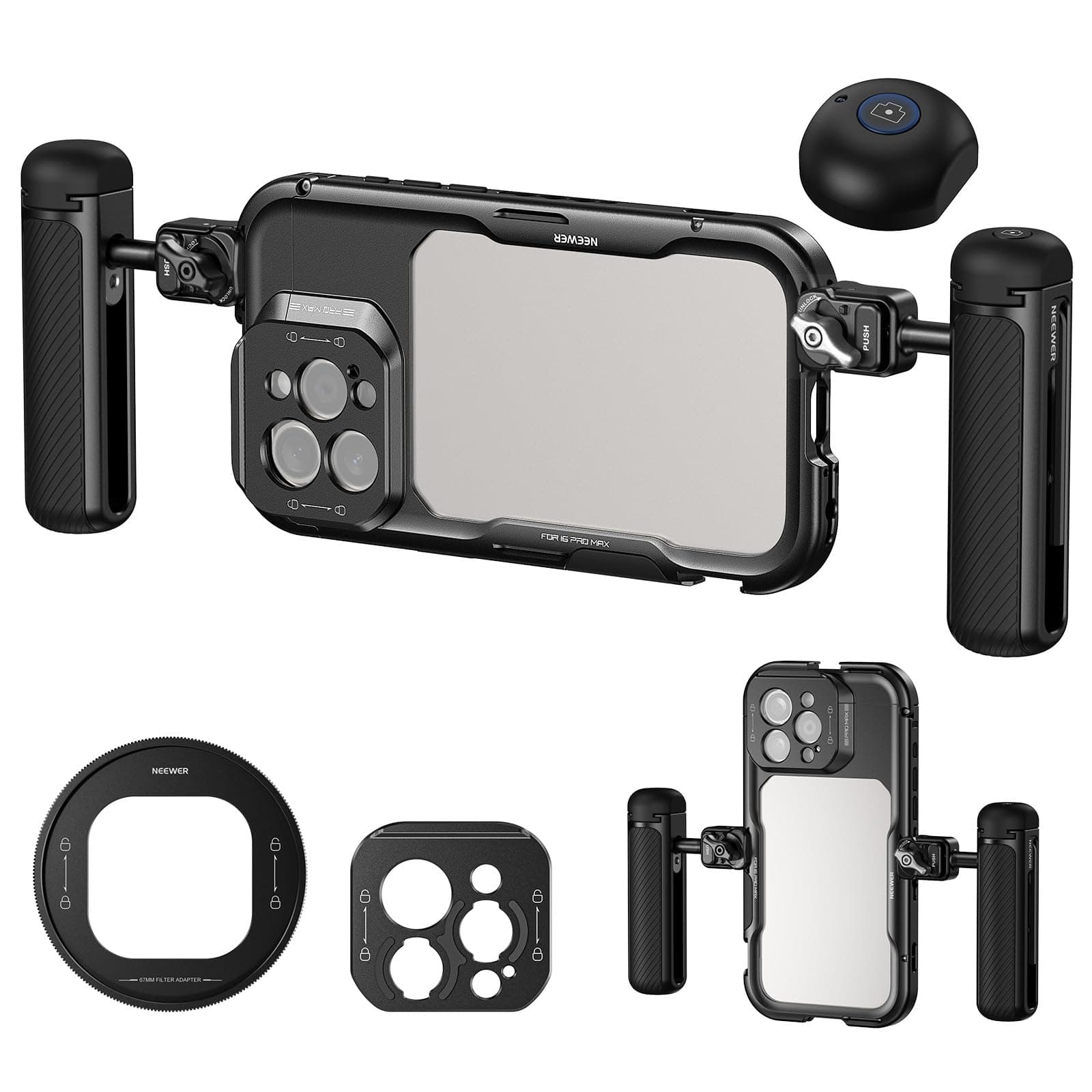 NEEWER 16 Pro Max Cage with Two Quick Release Side Handles, Phone Video Rig Kit with 67mm Filter Adapter, 17mm Lens Mount, T Mount Lens Adapter Compatible with iPhone 16 Pro Max (PA074+PA045E+PA045B)