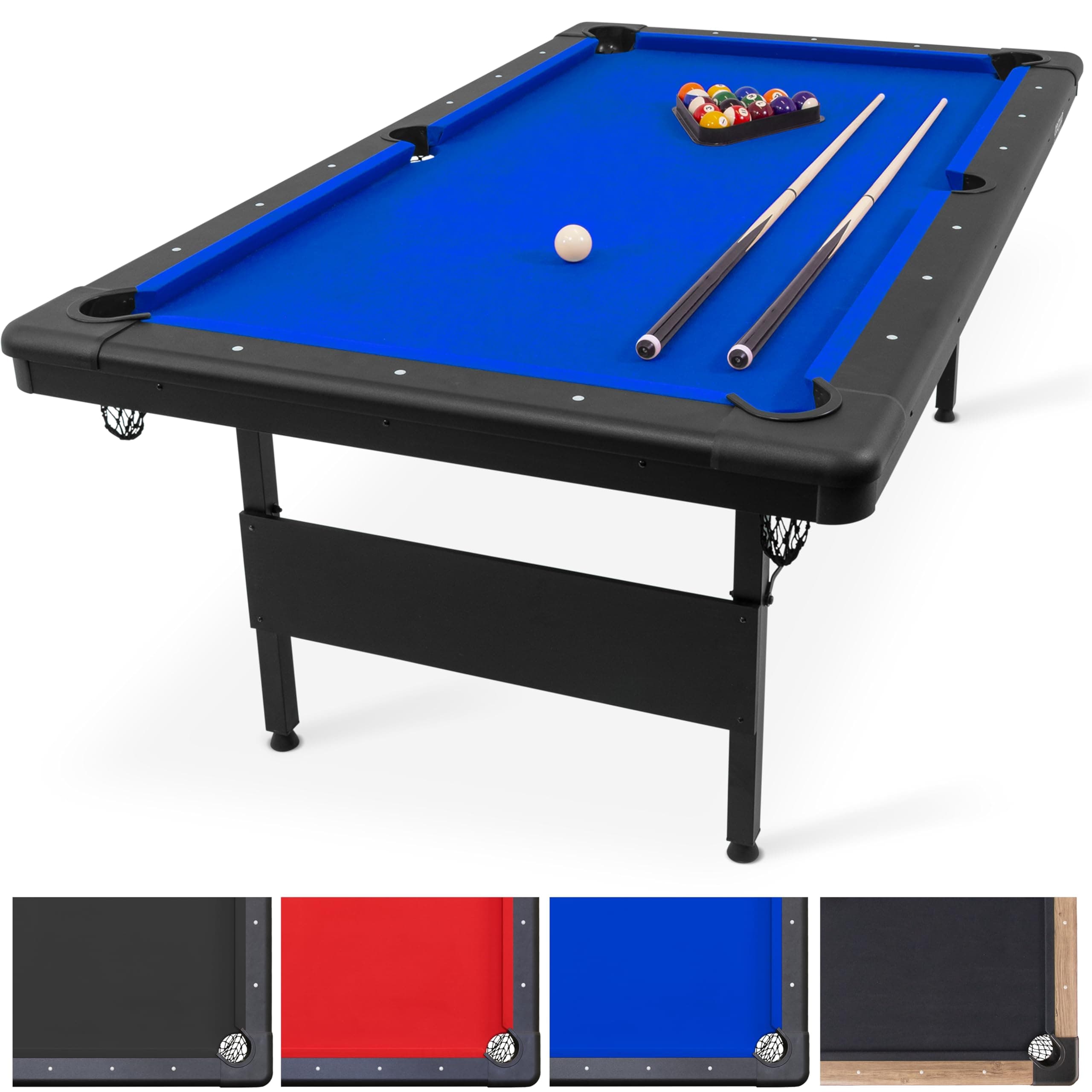 7 ft Billiards Table - Portable Pool Table - Includes Full Set of Balls, 2 Cue Sticks, Chalk, and Felt Brush - BLUE