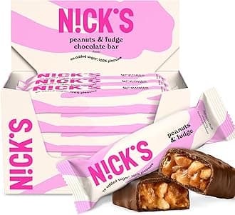 NICKS Peanuts & Fudge Keto Chocolate Bars No Added Sugar 180 Calories, 4 Net carbs, Gluten Free Sweets Low carb Candy Snack Bar – 15-Pack (40g Each)