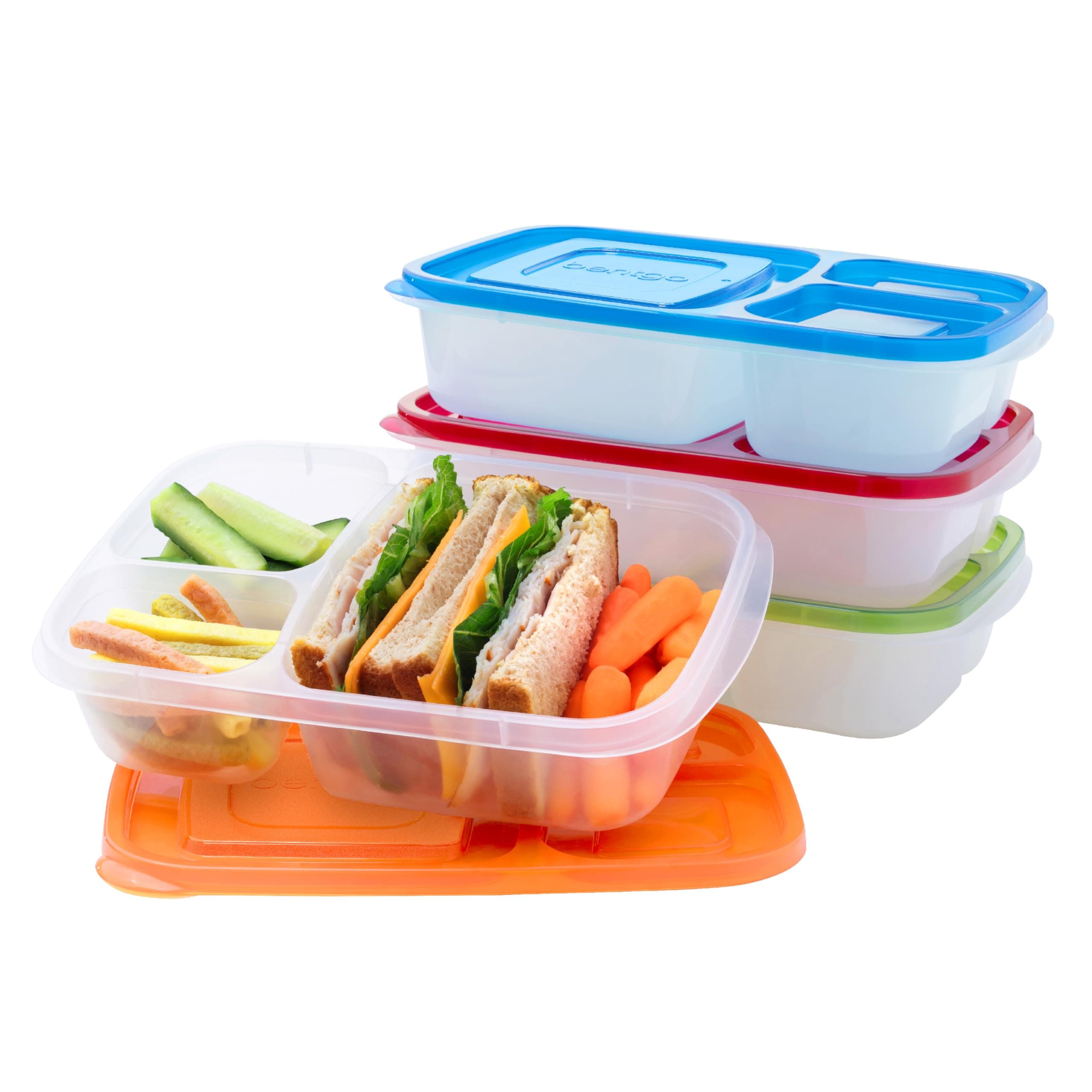 Bentgo Easyboxes - Original Stackable Lunch Boxes - Reusable 3-Compartment Food Containers for Kids and Adults - Bento Lunch Box for Meal Prep, School, & Work - BPA Free, Set of 4 (Classic)