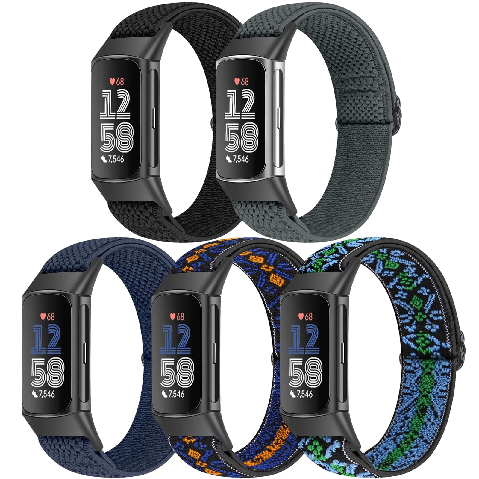 5 Pack Elastic Nylon Watch Bands Compatible for Fitbit Charge 6/Fitbit Charge 5, Adjustable Breathable Replacement Stretchy Nylon Loop Wristband Sport Strap for Women Men